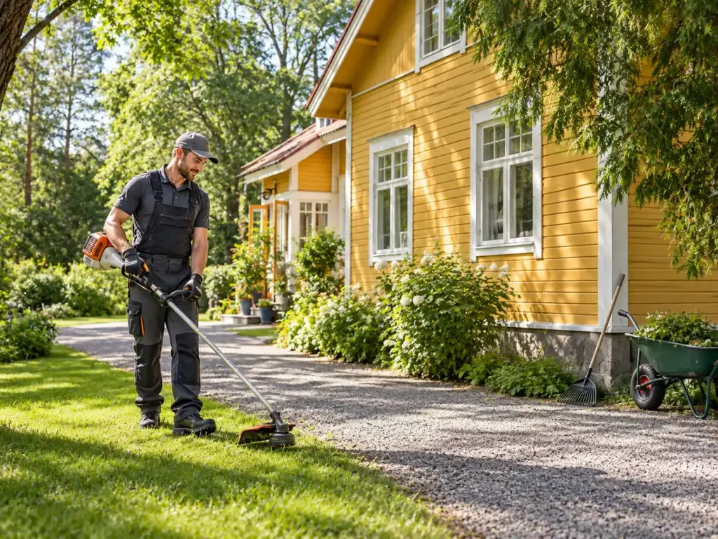Kiinteistönhoitaja siistii nurmikon reunaa raivaussahalla keltaisen puutalon pihalla